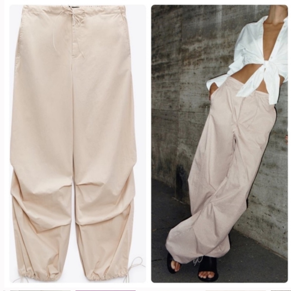Zara Parachute Cargo Pants Sand Beige Khaki Pull‎ On Casual Medium